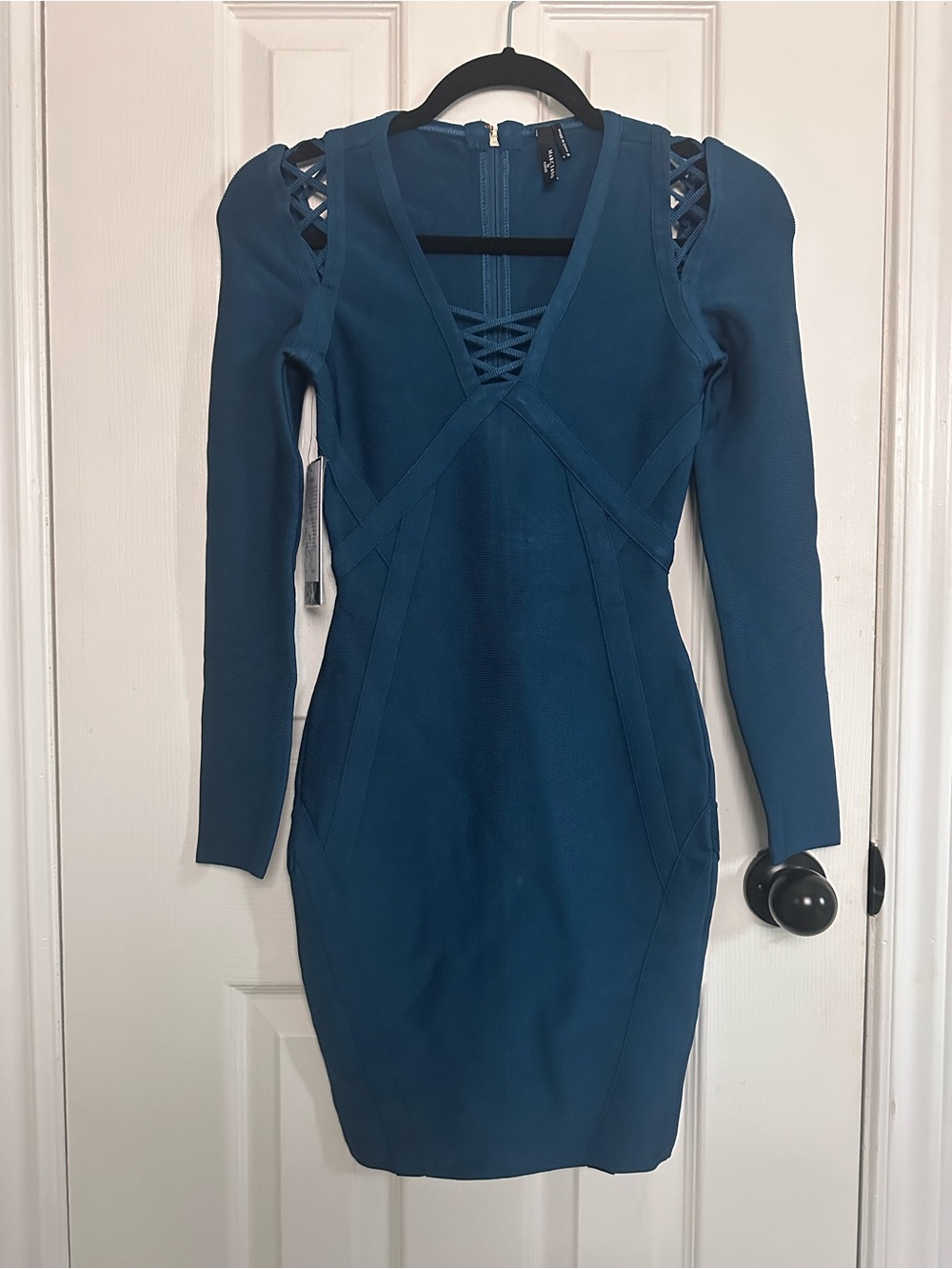 Marciano Teal Long-Sleeve Lace-Up Bodycon Dress